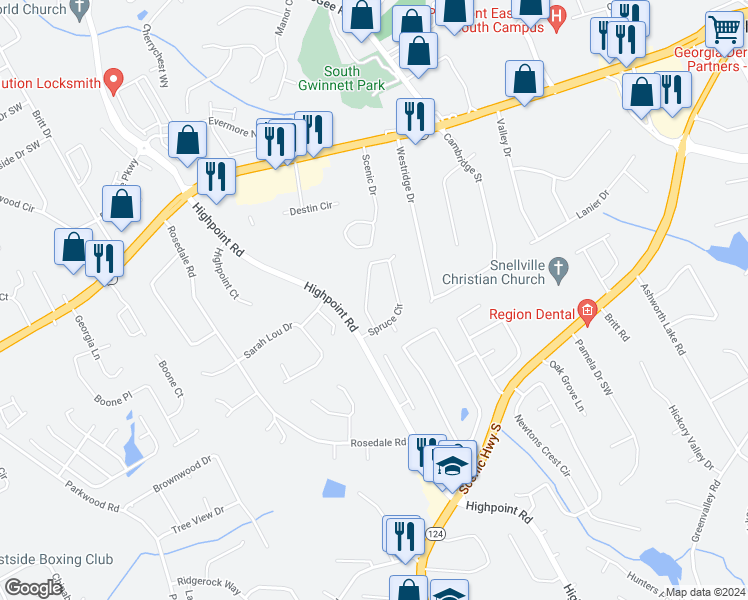 map of restaurants, bars, coffee shops, grocery stores, and more near 2891 Spruce Circle in Snellville