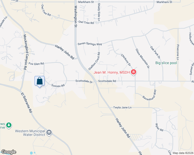 map of restaurants, bars, coffee shops, grocery stores, and more near 16950 Scottsdale Road in Riverside