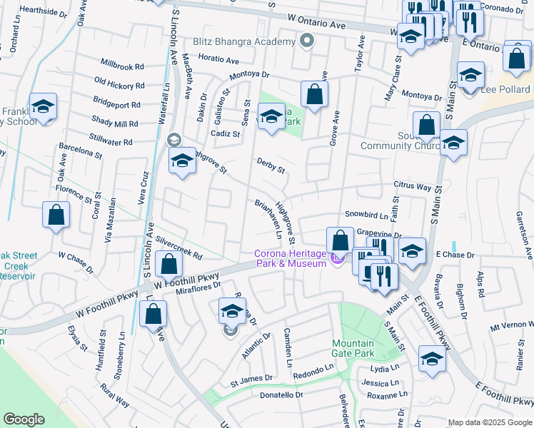 map of restaurants, bars, coffee shops, grocery stores, and more near 2914 Briarhaven Lane in Corona