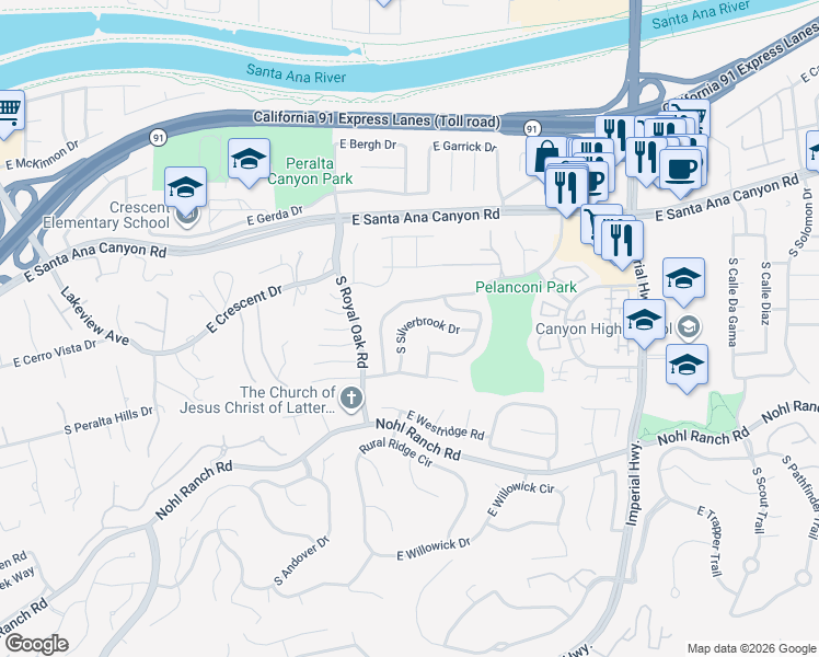 map of restaurants, bars, coffee shops, grocery stores, and more near 378 South Silverbrook Drive in Anaheim