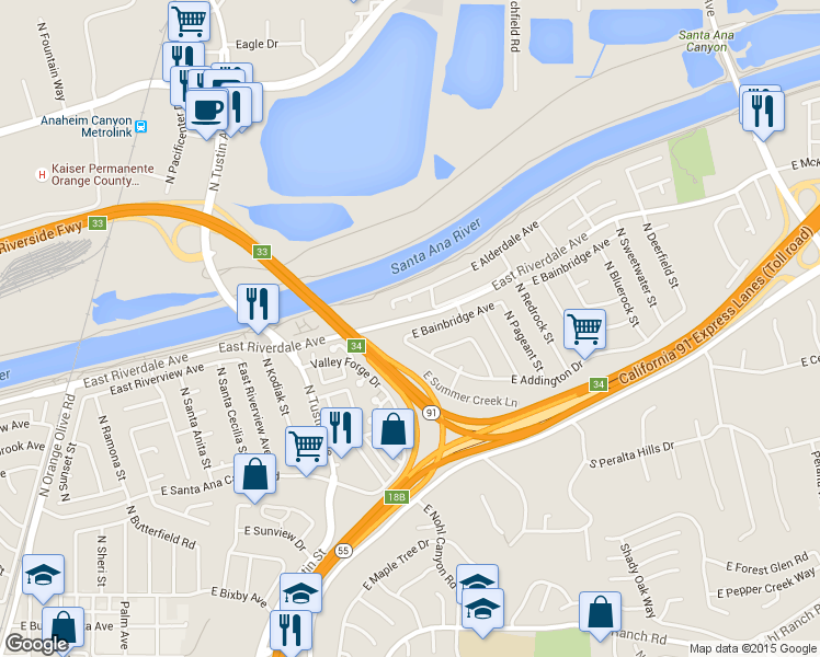 map of restaurants, bars, coffee shops, grocery stores, and more near 4126 East Bainbridge Avenue in Anaheim