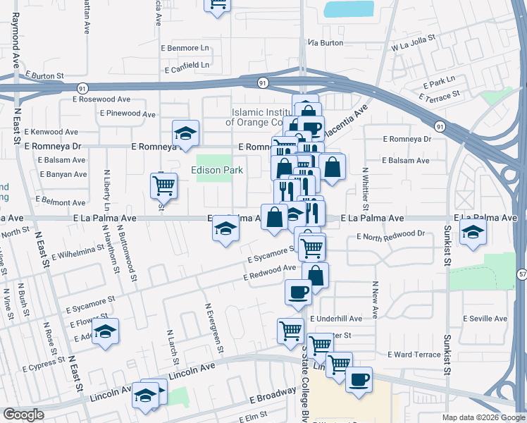 map of restaurants, bars, coffee shops, grocery stores, and more near 1780 East Belmont Avenue in Anaheim