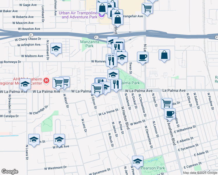 map of restaurants, bars, coffee shops, grocery stores, and more near 525 West La Palma Avenue in Anaheim