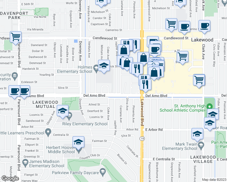 map of restaurants, bars, coffee shops, grocery stores, and more near in Lakewood