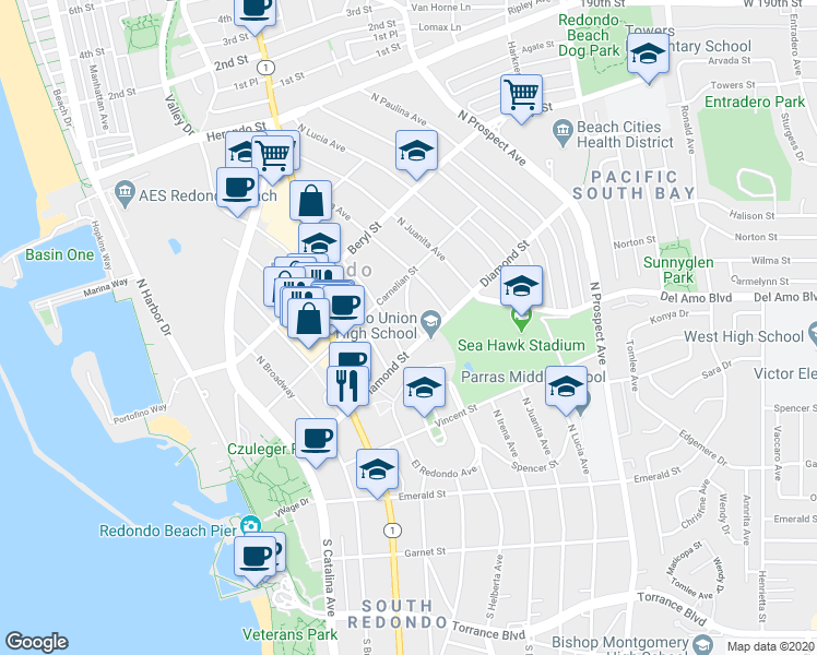 map of restaurants, bars, coffee shops, grocery stores, and more near 502 North Helberta Avenue in Redondo Beach