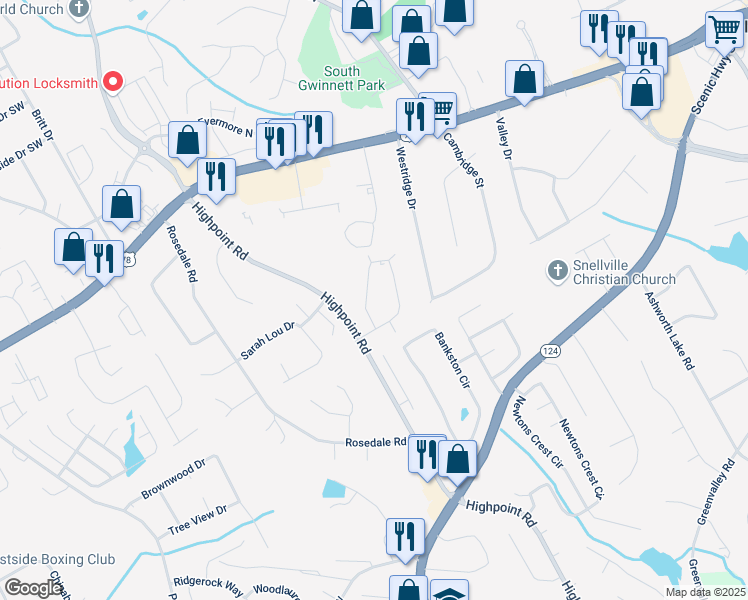 map of restaurants, bars, coffee shops, grocery stores, and more near 2891 Spruce Circle in Snellville