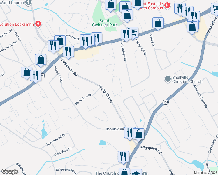 map of restaurants, bars, coffee shops, grocery stores, and more near 2332 Highpoint Road in Snellville
