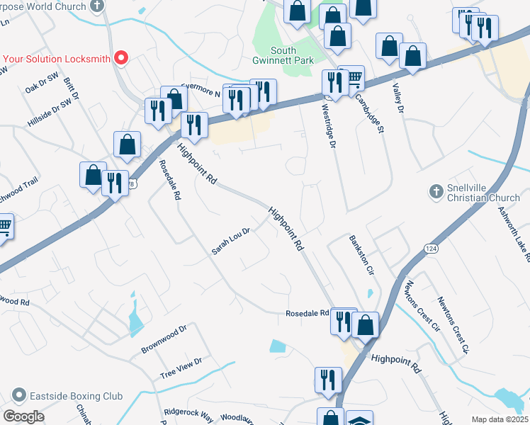 map of restaurants, bars, coffee shops, grocery stores, and more near 3143 Murell Road in Snellville