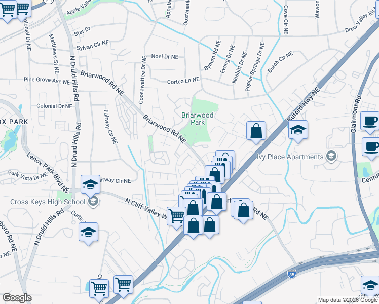 map of restaurants, bars, coffee shops, grocery stores, and more near 1410 Briarhaven Trail in Atlanta