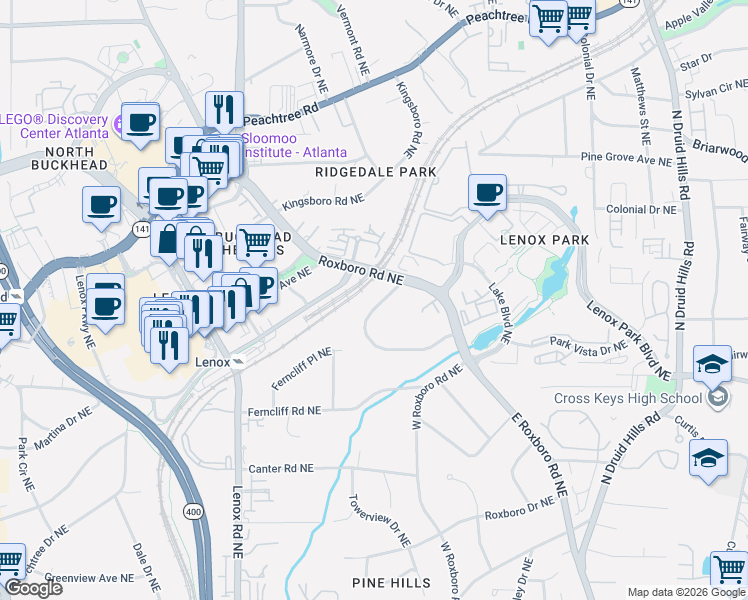 map of restaurants, bars, coffee shops, grocery stores, and more near 3508 Rockhaven Circle Northeast in Atlanta