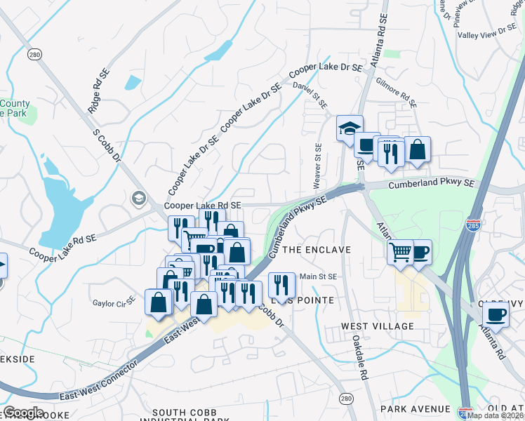 map of restaurants, bars, coffee shops, grocery stores, and more near 4352 Paces Point Circle Southeast in Atlanta