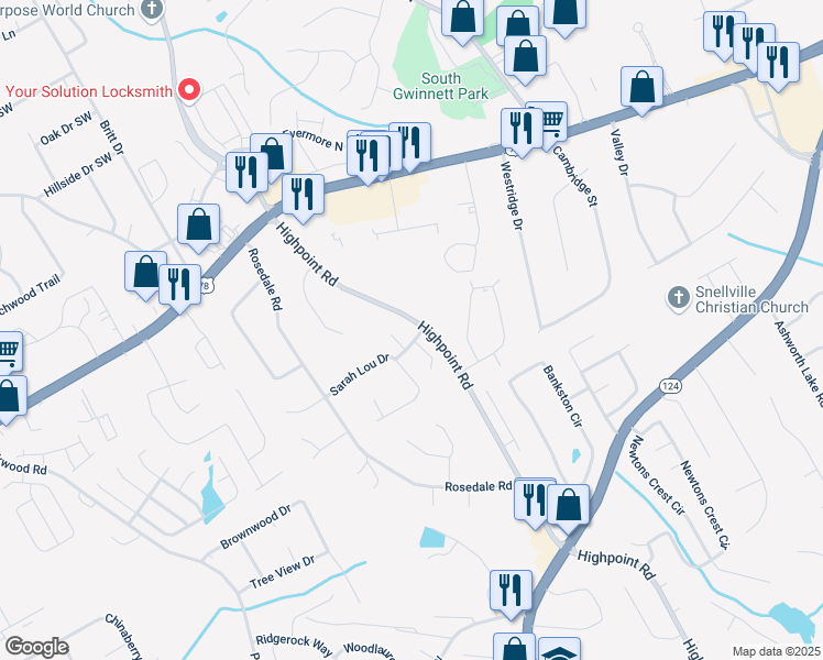 map of restaurants, bars, coffee shops, grocery stores, and more near 3143 Murell Road in Snellville