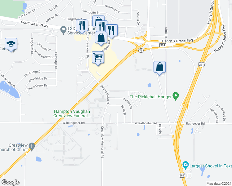 map of restaurants, bars, coffee shops, grocery stores, and more near 5410 Flo Drive in Wichita Falls