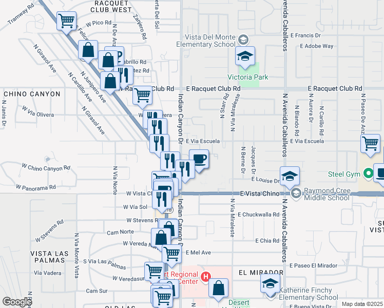 map of restaurants, bars, coffee shops, grocery stores, and more near 140 The Riv in Palm Springs