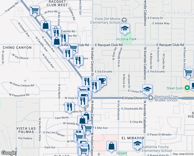 map of restaurants, bars, coffee shops, grocery stores, and more near 2001 North Indian Canyon Drive in Palm Springs