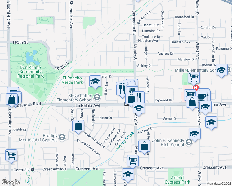 map of restaurants, bars, coffee shops, grocery stores, and more near 7901 Louise Lane in La Palma