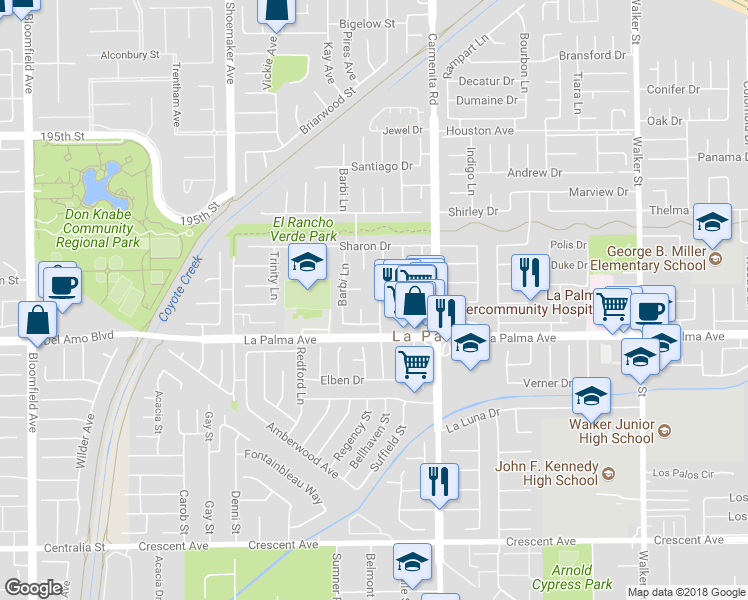 map of restaurants, bars, coffee shops, grocery stores, and more near 7901 Louise Lane in La Palma