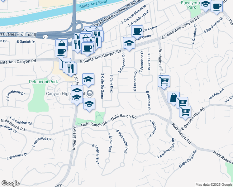map of restaurants, bars, coffee shops, grocery stores, and more near 253 South Solomon Drive in Anaheim