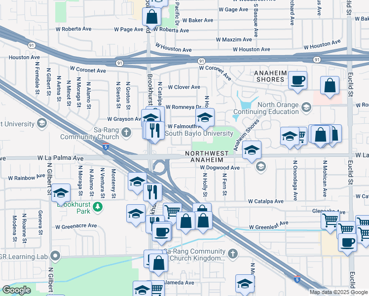 map of restaurants, bars, coffee shops, grocery stores, and more near 2112 West Glen Avenue in Anaheim