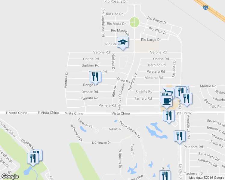 map of restaurants, bars, coffee shops, grocery stores, and more near 27651 Abril Drive in Cathedral City