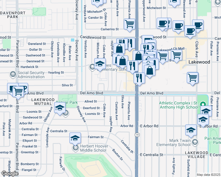 map of restaurants, bars, coffee shops, grocery stores, and more near 4907 Hayter Avenue in Lakewood