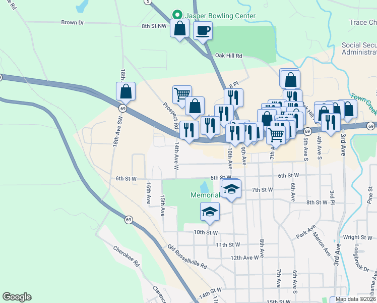 map of restaurants, bars, coffee shops, grocery stores, and more near 1303 Highway 78 in Jasper