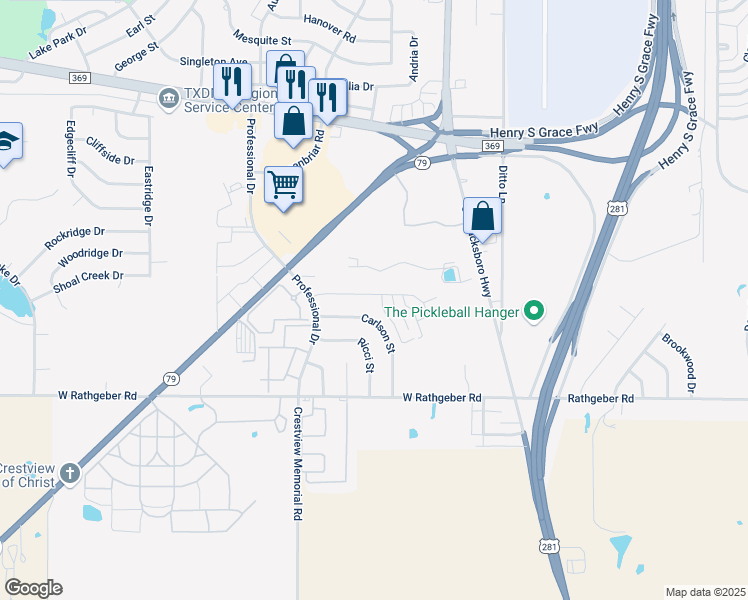 map of restaurants, bars, coffee shops, grocery stores, and more near 5424 Flo Drive in Wichita Falls