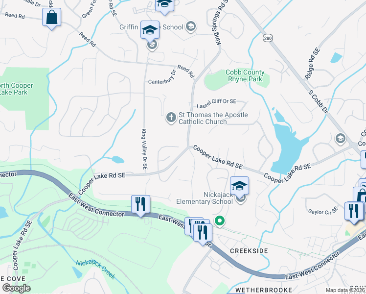 map of restaurants, bars, coffee shops, grocery stores, and more near 4351 Cooper Oaks Drive Southeast in Smyrna