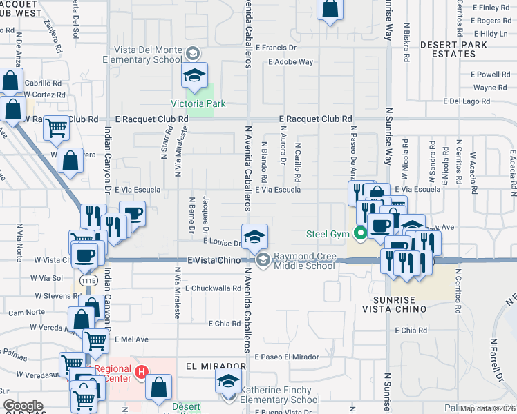 map of restaurants, bars, coffee shops, grocery stores, and more near 1041 East El Conquistador in Palm Springs