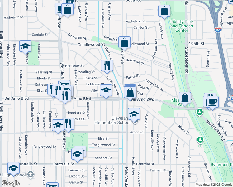 map of restaurants, bars, coffee shops, grocery stores, and more near 6315 Turnergrove Drive in Lakewood
