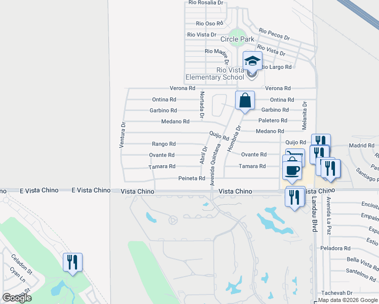 map of restaurants, bars, coffee shops, grocery stores, and more near 67370 Ovante Road in Cathedral City