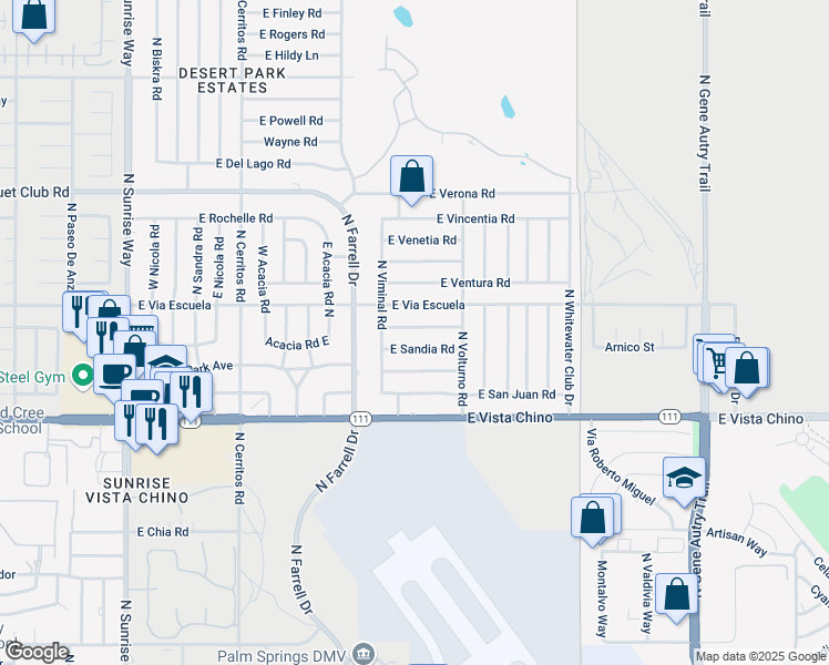 map of restaurants, bars, coffee shops, grocery stores, and more near 2781 East San Angelo Road in Palm Springs