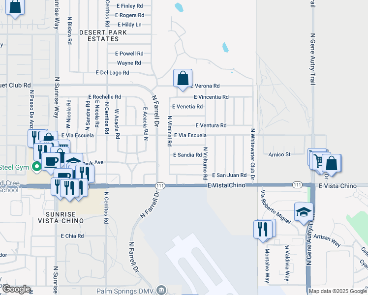 map of restaurants, bars, coffee shops, grocery stores, and more near 2781 East San Angelo Road in Palm Springs