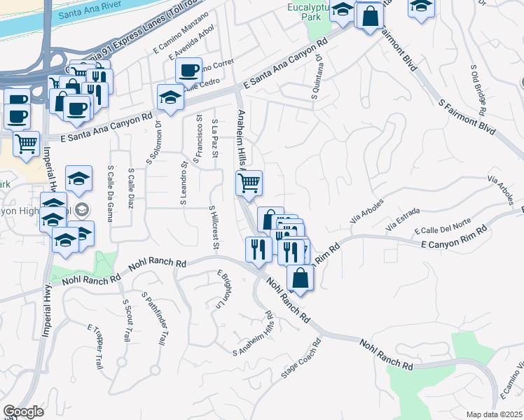 map of restaurants, bars, coffee shops, grocery stores, and more near 440 South San Vicente Lane in Anaheim