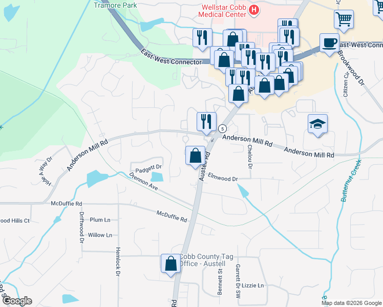 map of restaurants, bars, coffee shops, grocery stores, and more near 4358 Kousa Road in Austell