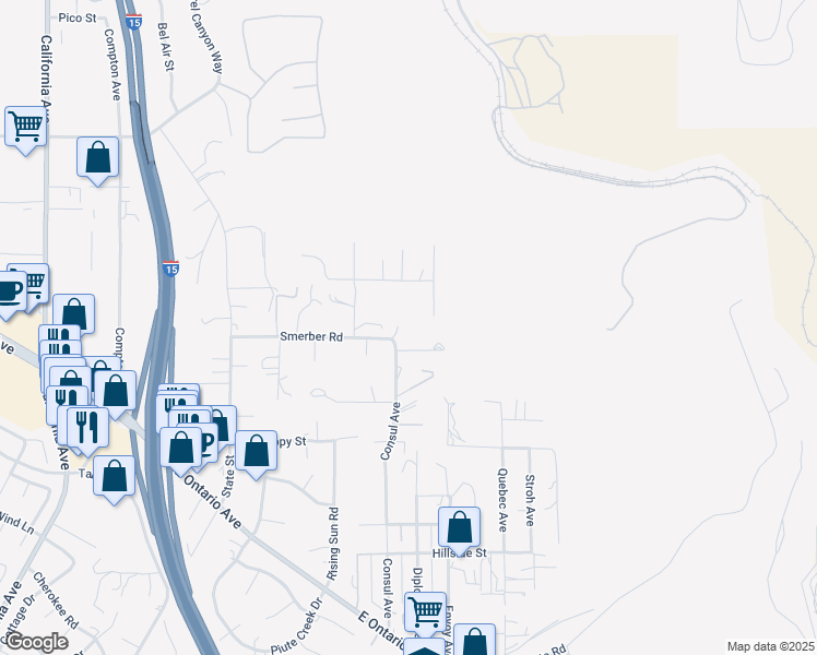map of restaurants, bars, coffee shops, grocery stores, and more near 7660 Smerber Road in Corona