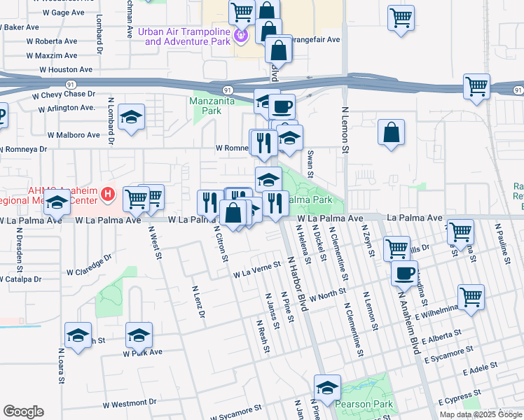 map of restaurants, bars, coffee shops, grocery stores, and more near 525 West La Palma Avenue in Anaheim