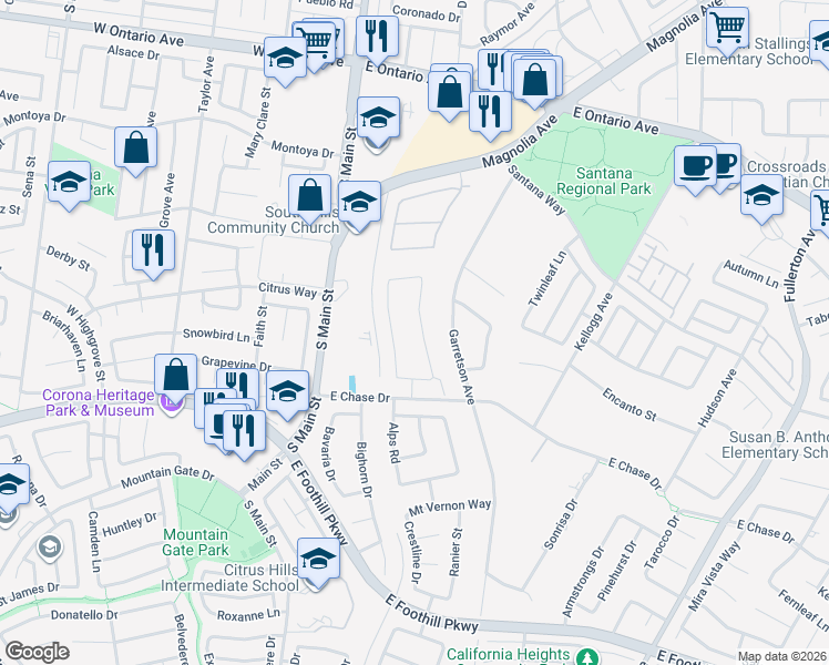 map of restaurants, bars, coffee shops, grocery stores, and more near 2864 Mellor Street in Corona