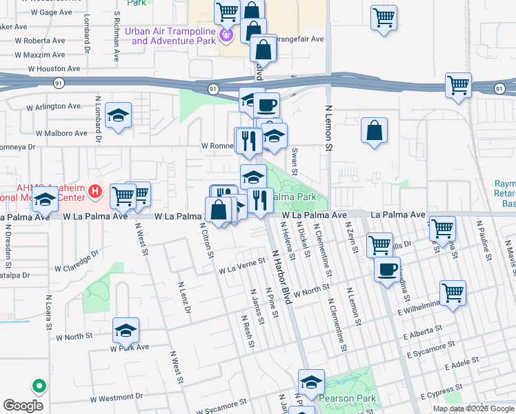map of restaurants, bars, coffee shops, grocery stores, and more near 2 North Harbor Boulevard in Anaheim