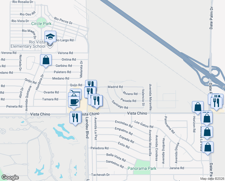 map of restaurants, bars, coffee shops, grocery stores, and more near 68215 Pasada Road in Cathedral City