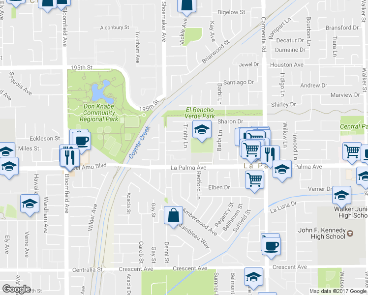 map of restaurants, bars, coffee shops, grocery stores, and more near 4581 Kathy Drive in La Palma