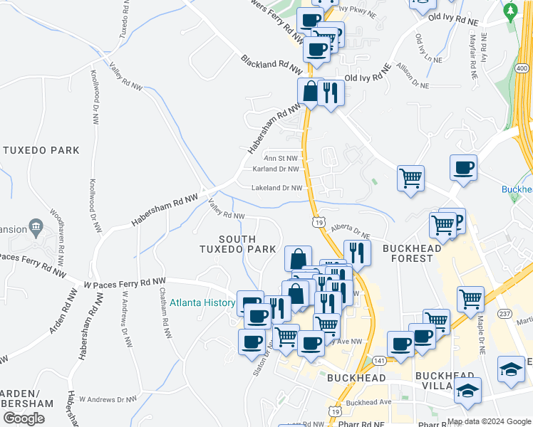 map of restaurants, bars, coffee shops, grocery stores, and more near 3415 Valley Road Northwest in Atlanta