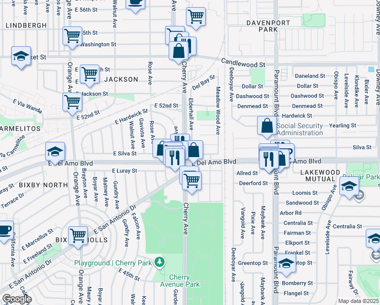 map of restaurants, bars, coffee shops, grocery stores, and more near 5007 Del Hollow Street in Lakewood