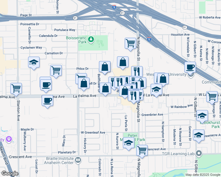 map of restaurants, bars, coffee shops, grocery stores, and more near 2691 West La Palma Avenue in Anaheim