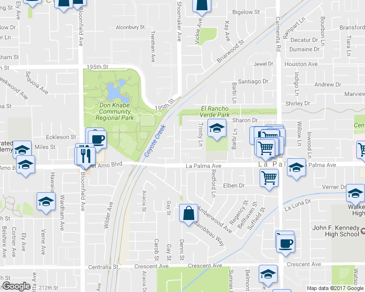 map of restaurants, bars, coffee shops, grocery stores, and more near 4501 Kathy Drive in La Palma