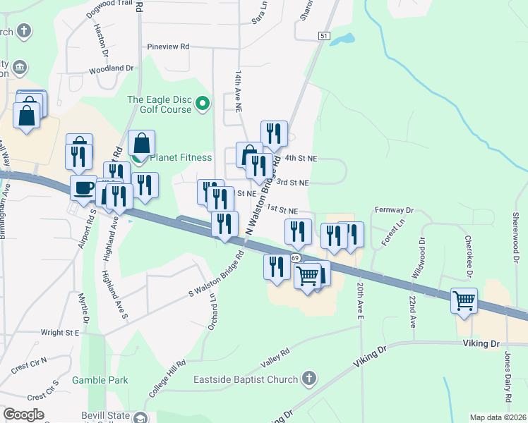 map of restaurants, bars, coffee shops, grocery stores, and more near 86 North Walston Bridge Road in Jasper