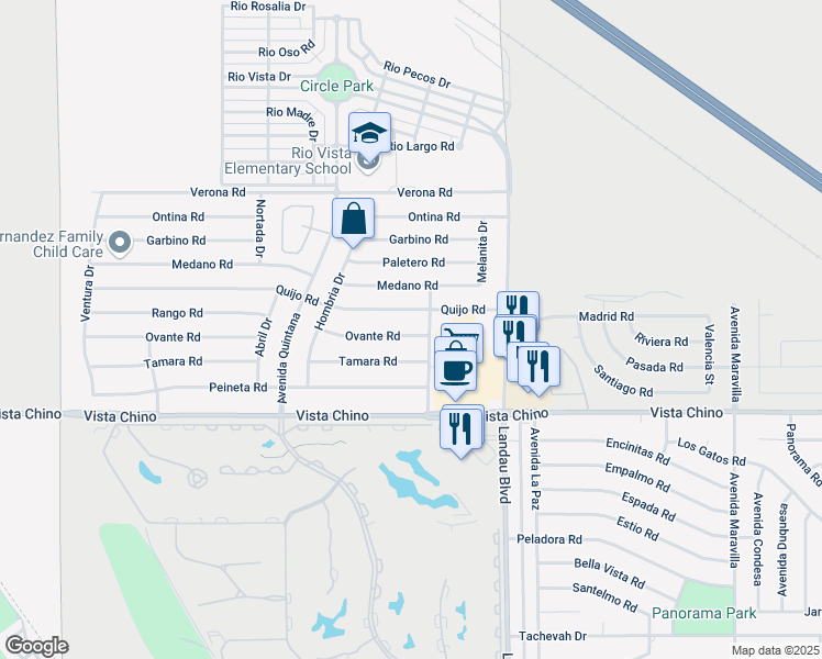 map of restaurants, bars, coffee shops, grocery stores, and more near 67760 Ovante Road in Cathedral City
