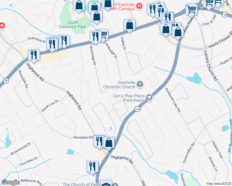 map of restaurants, bars, coffee shops, grocery stores, and more near 2295 Skylars Mill Way in Snellville