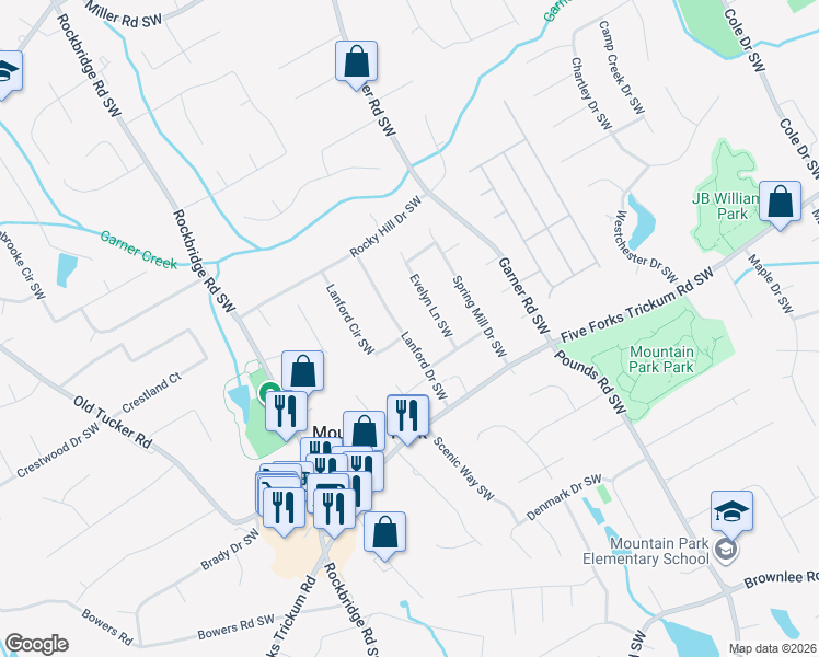 map of restaurants, bars, coffee shops, grocery stores, and more near 1126 Lanford Drive Southwest in Lilburn