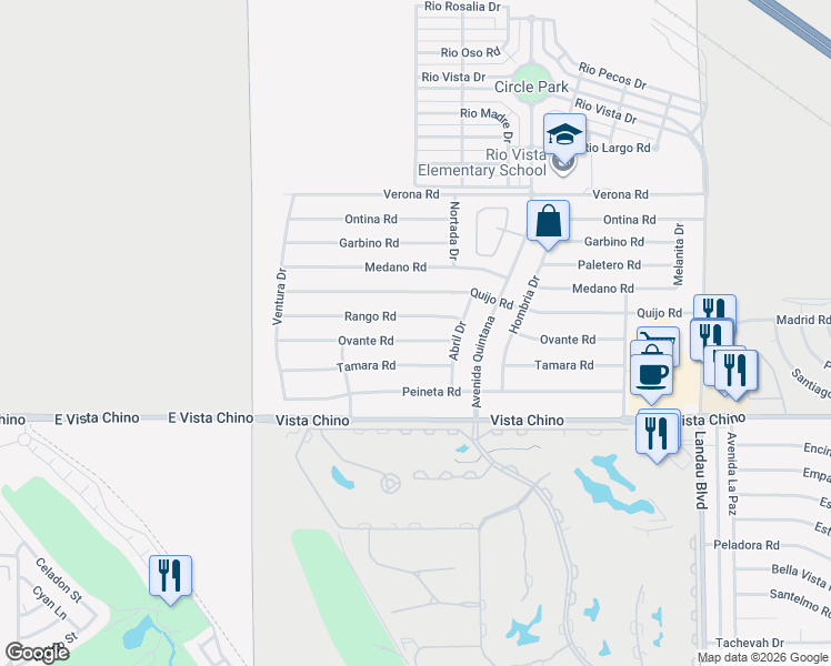 map of restaurants, bars, coffee shops, grocery stores, and more near 67370 Ovante Road in Cathedral City